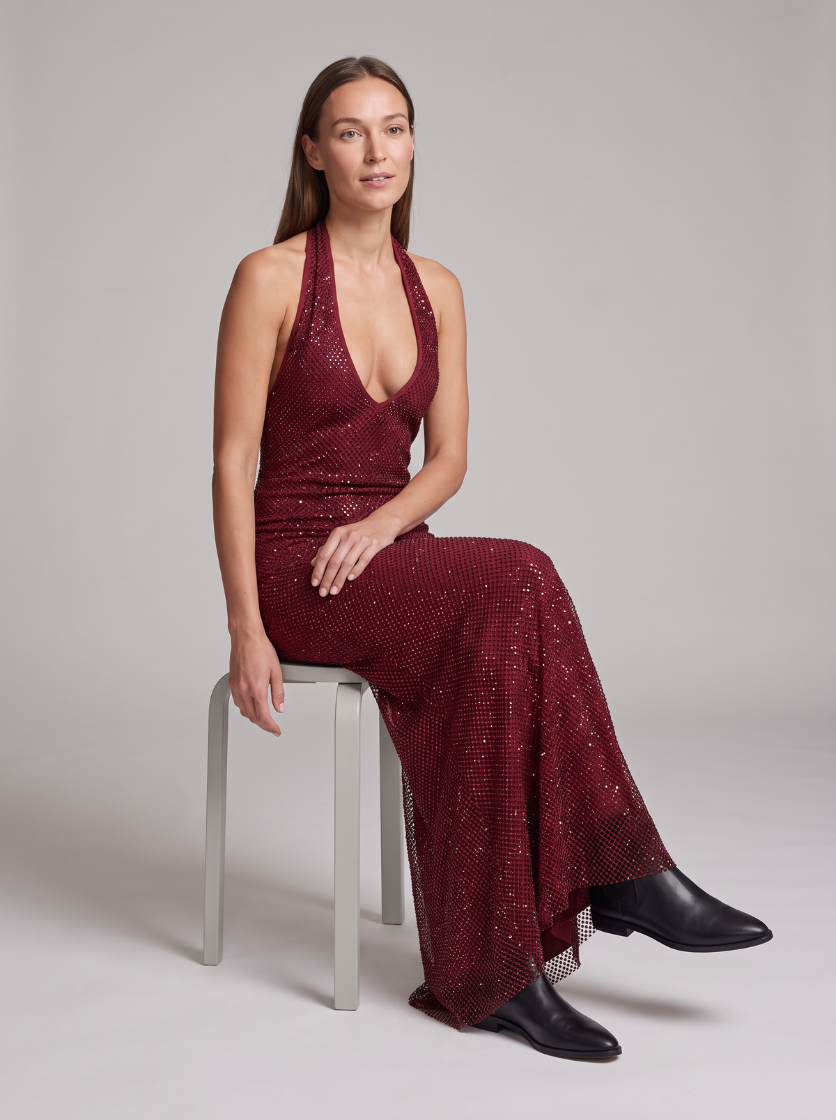 Thea Sequin Plunge Halter Maxi Dress