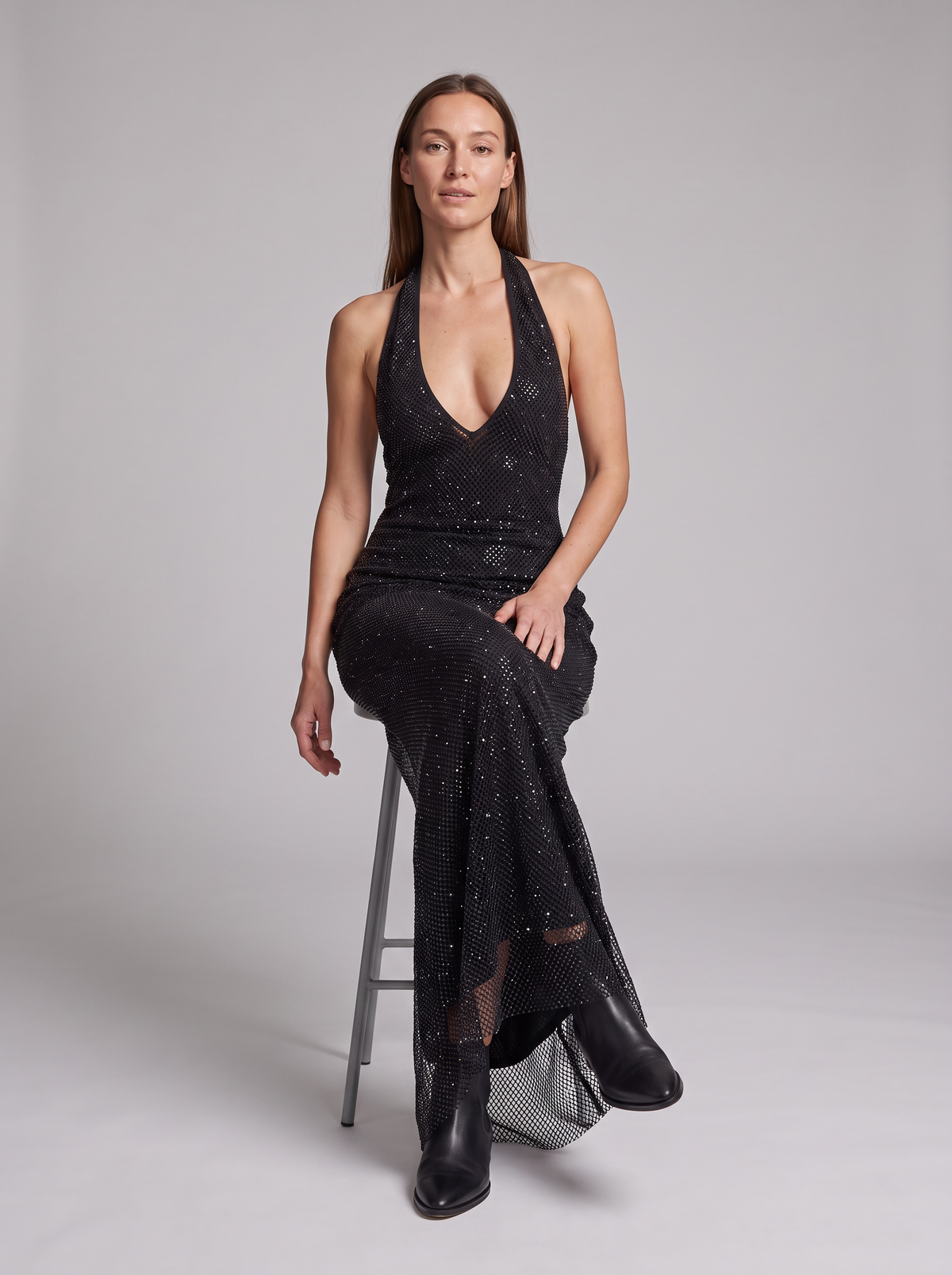 Thea Sequin Plunge Halter Maxi Dress