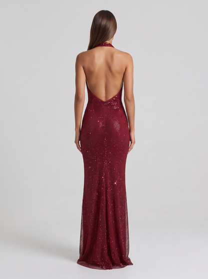 Thea Sequin Plunge Halter Maxi Dress