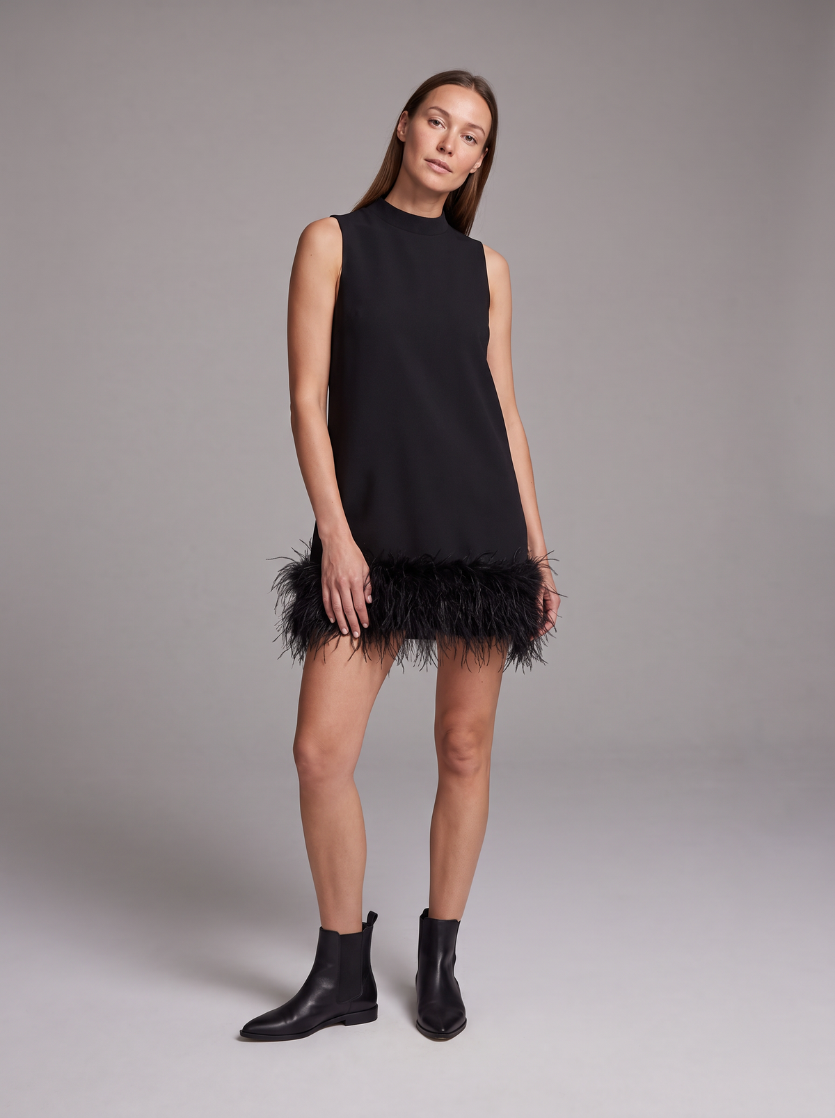 Veronica Feather-Hem Mock-Neck Mini Dress