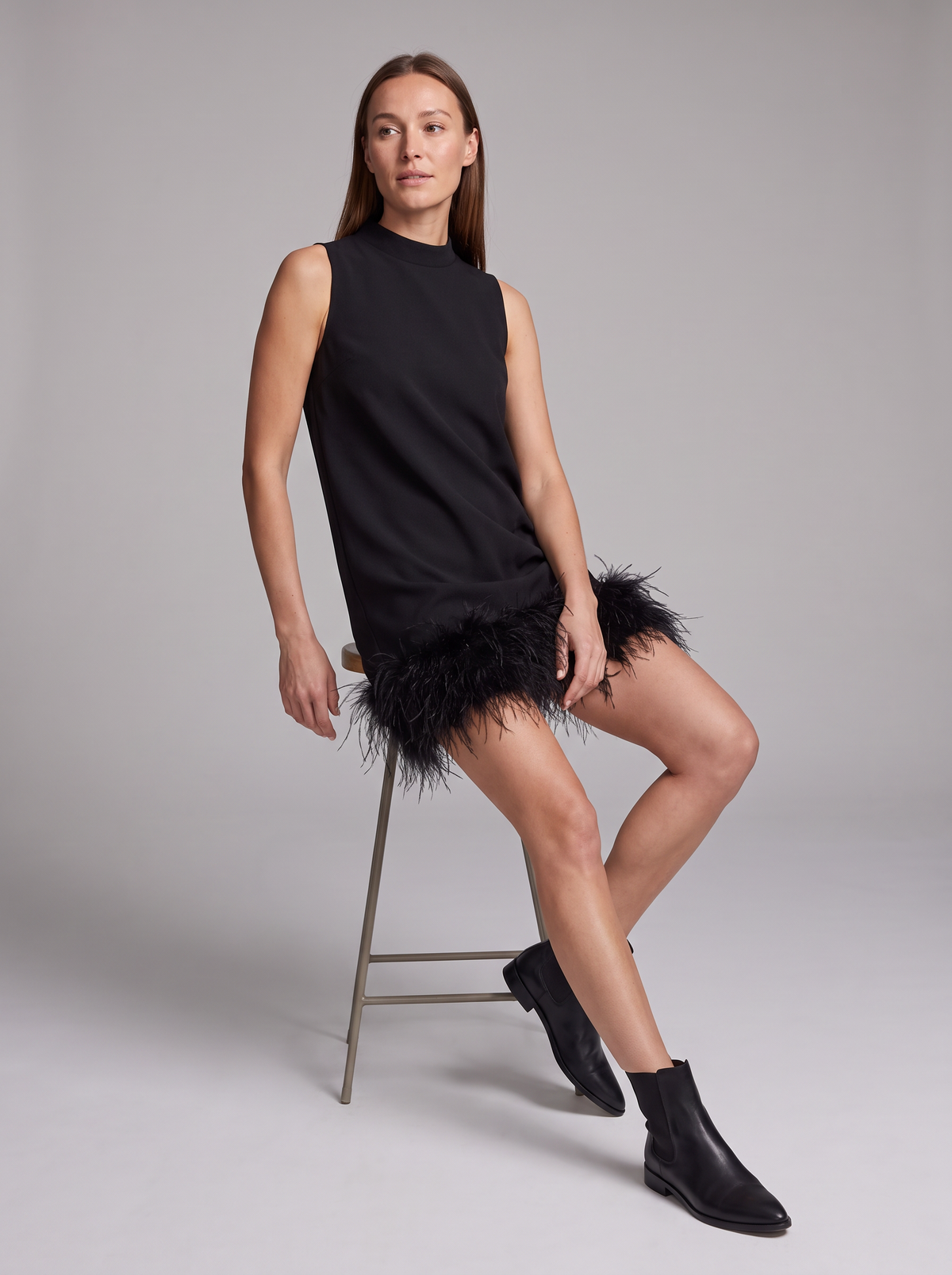 Veronica Feather-Hem Mock-Neck Mini Dress