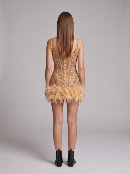 Vienna Feather-Trim Sequin Mini Dress