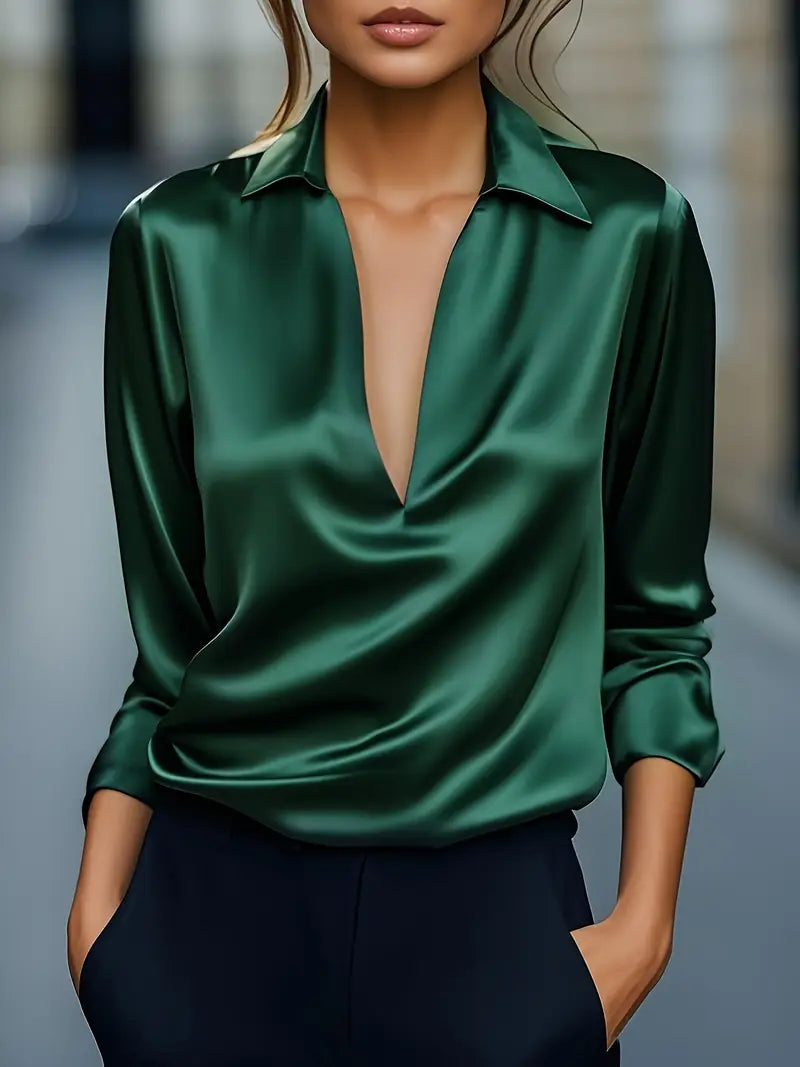 Viola Satin Draped-Collar Blouse