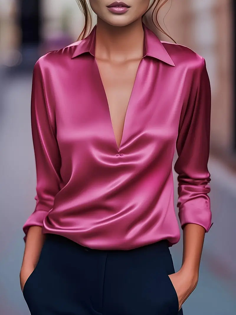 Viola Satin Draped-Collar Blouse