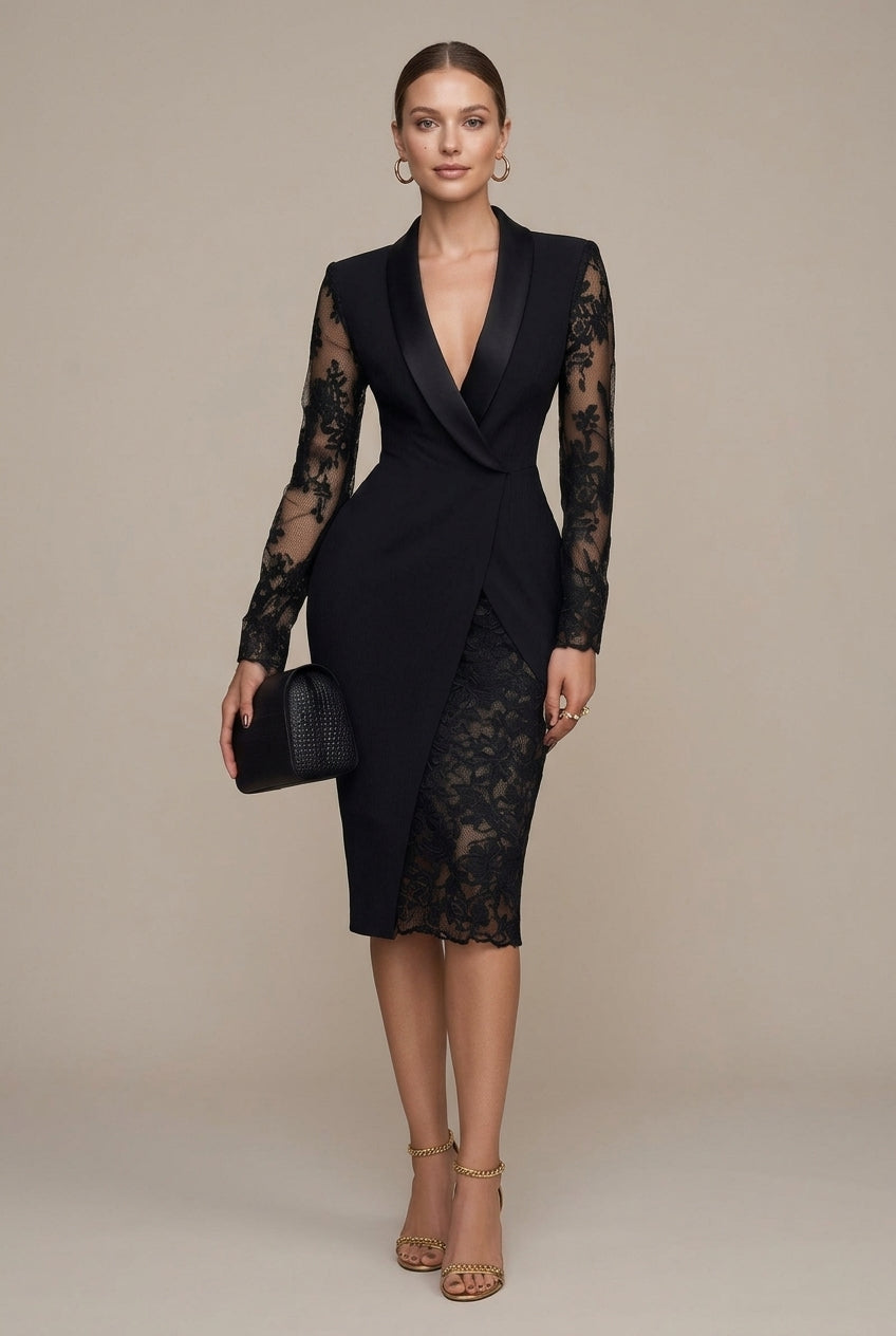 Vivienne Lace-Sleeve Blazer Midi Dress