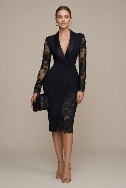 Vivienne Lace-Sleeve Blazer Midi Dress