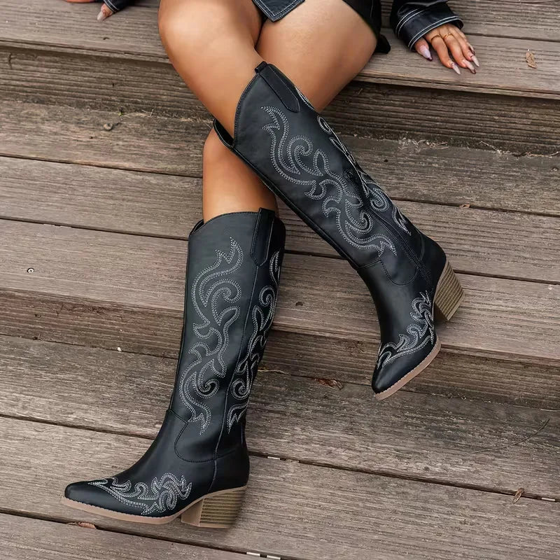 Willa Embroidered Knee-High Cowboy Boots