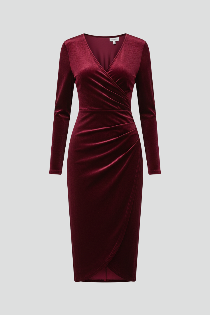 Women's Midi Dress with V Neckline and Long Sleeves - photo 1