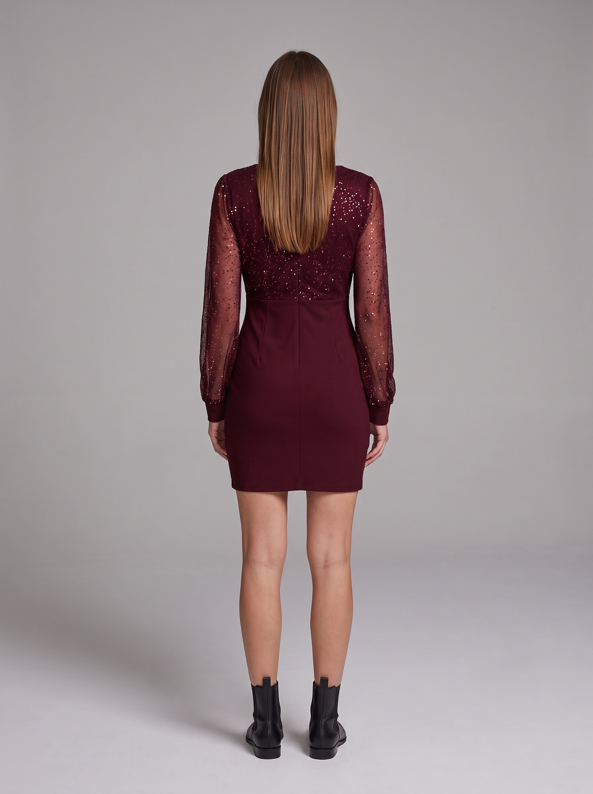 Xenia Sequin V-Neck Sheer-Sleeve Mini Dress