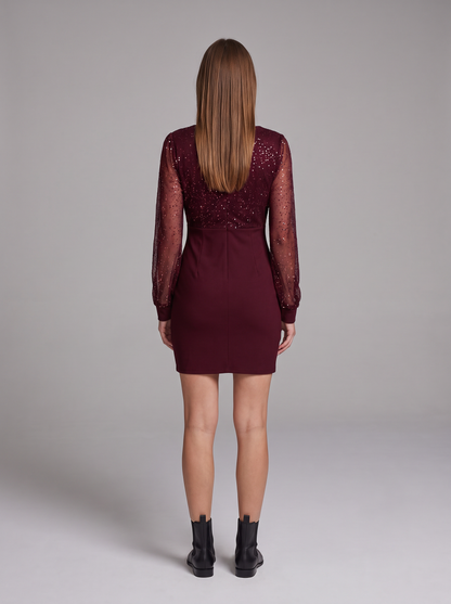 Xenia Sequin V-Neck Sheer-Sleeve Mini Dress