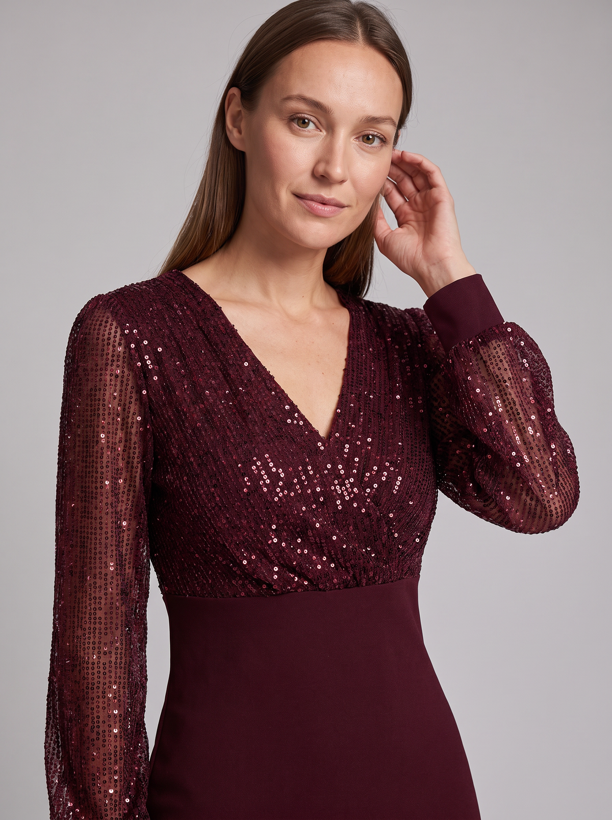Xenia Sequin V-Neck Sheer-Sleeve Mini Dress