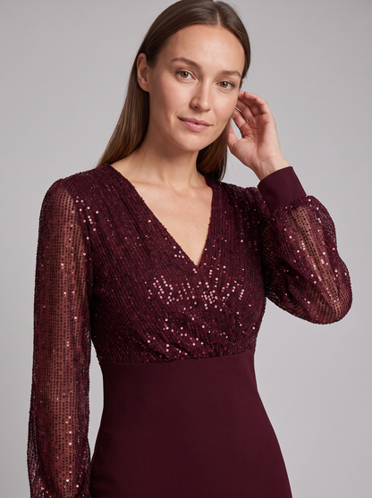 Xenia Sequin V-Neck Sheer-Sleeve Mini Dress